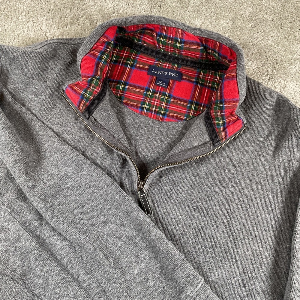 Lands' End Gray Quarter Zip Pullover Sweatshirt Plaid‎ Collar Cozy Casual